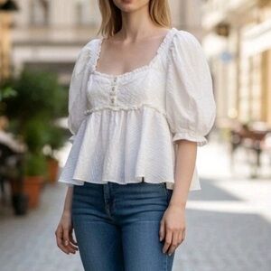 Free People White Smocked Square-Neck Puff Sleeve Peplum Top